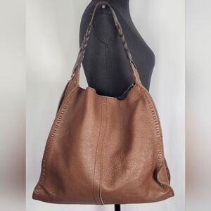 Lucky Brand Brown Pebbled Leather Hobo Bag Braided Strap Slouchy Shoulder Purse